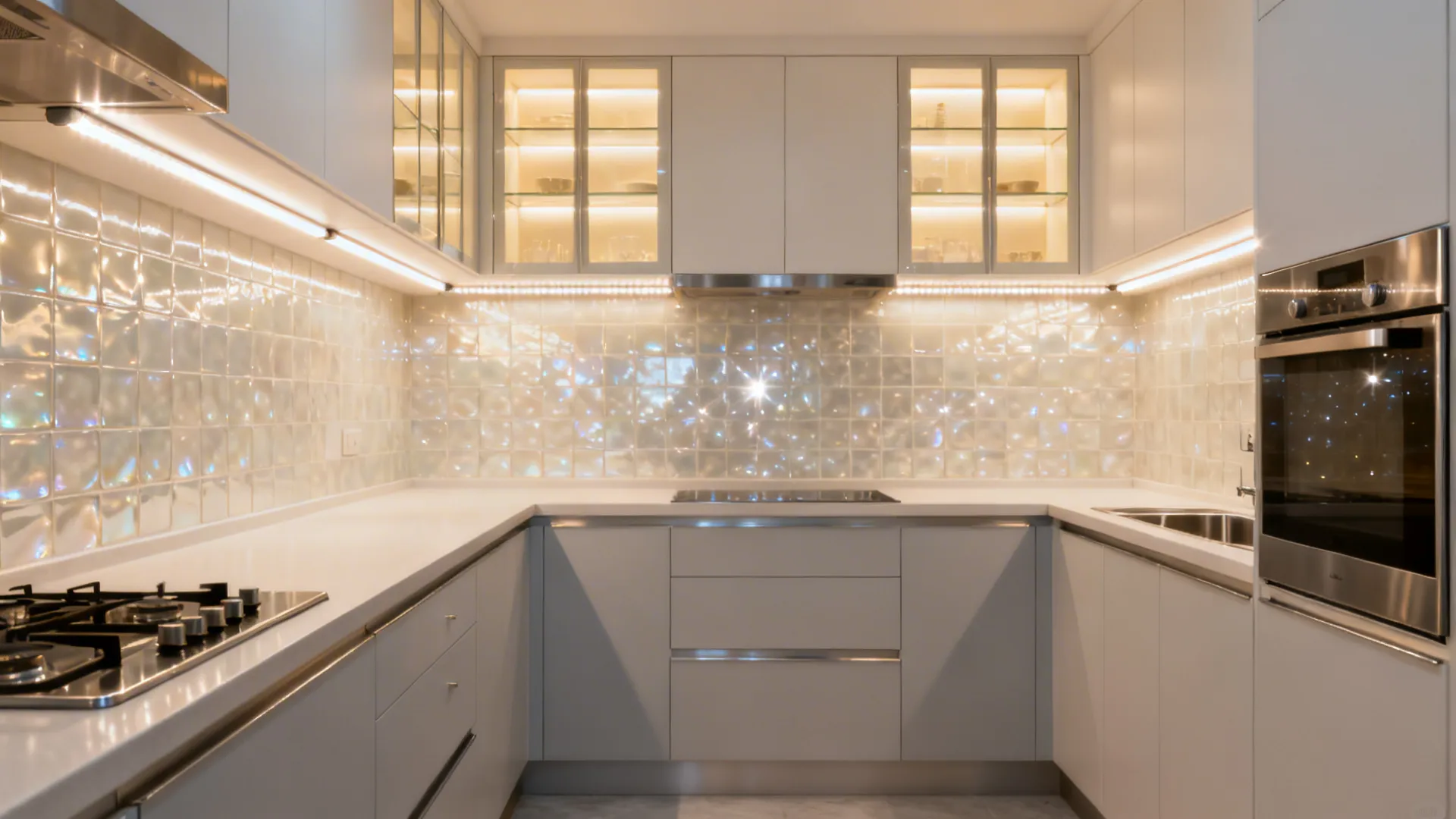 Small kitchen with undercabinet LED strips, interior-lit glass cabinet, and a glossy reflective backsplash.