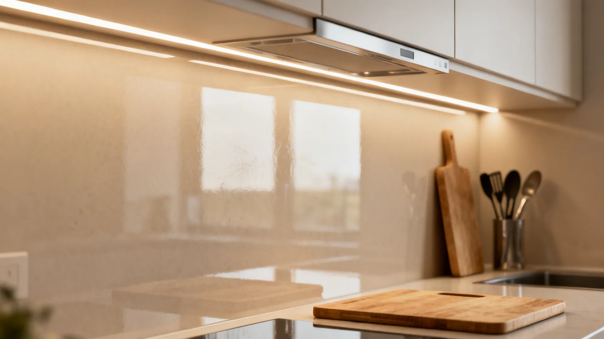 Under-cabinet lighting reflecting on a glossy backsplash in a compact kitchen.