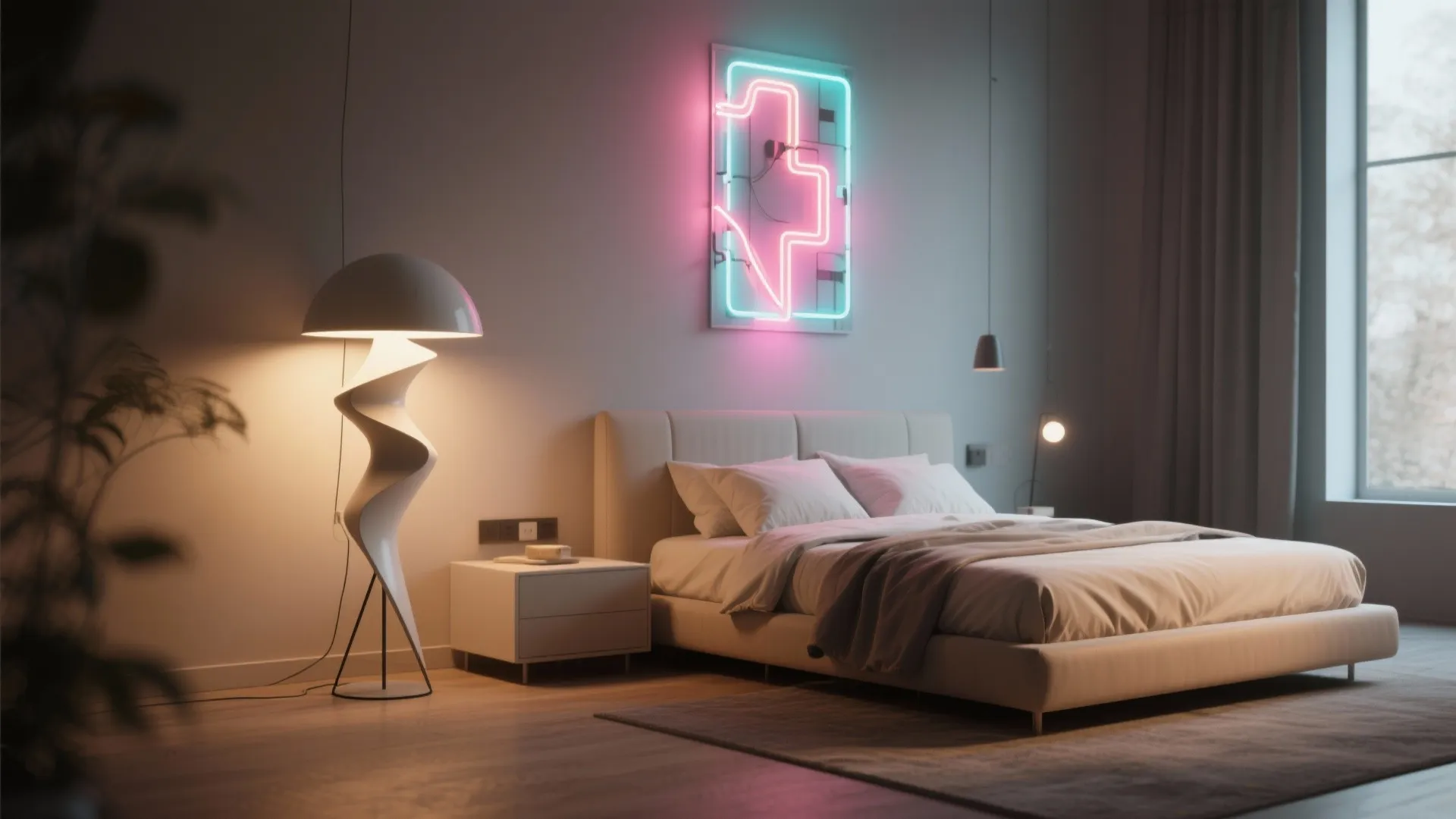 Modern bedroom with neon wall art and a unique floor light fixture next to bed