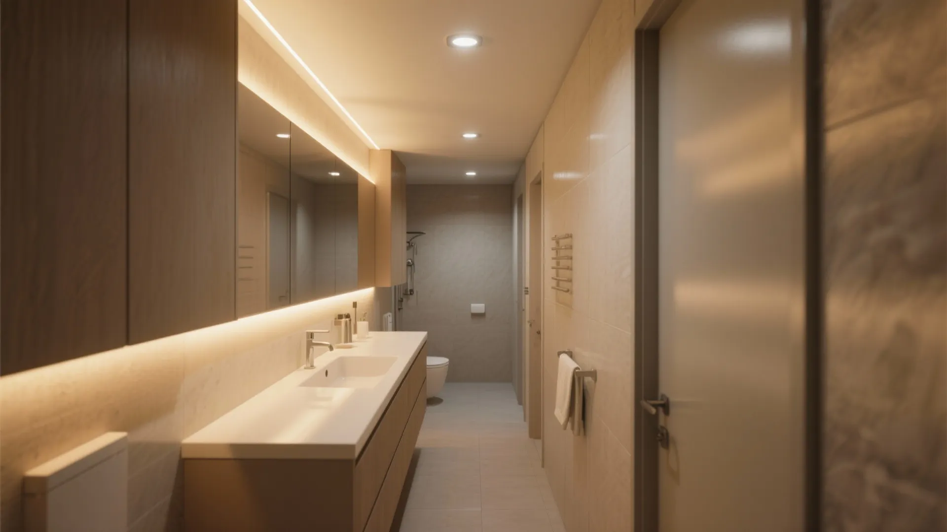 Modern narrow bathroom with wooden cabinet long mirror integrated warm lighting and white sink design