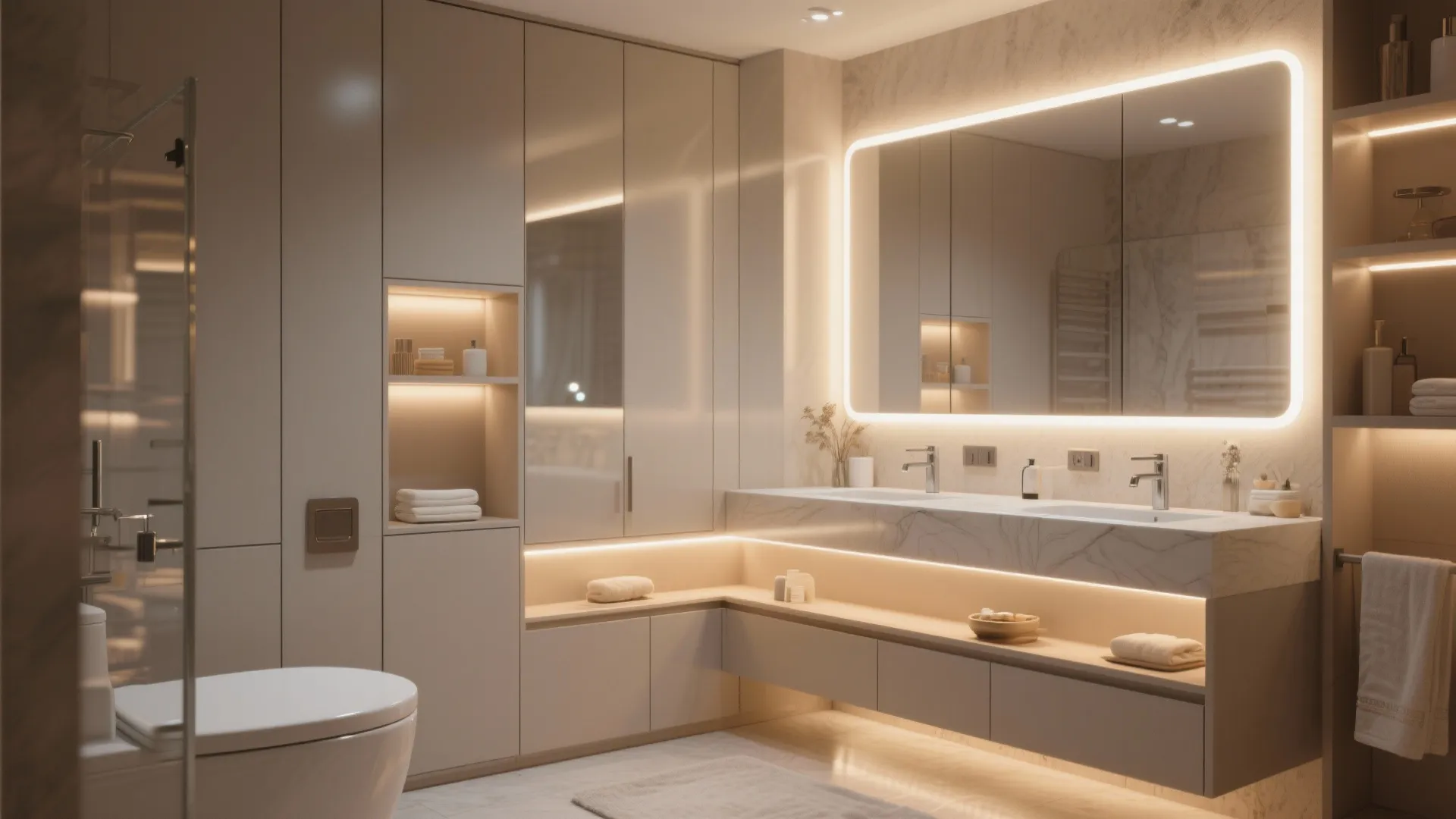 Warm bathroom design with light fixture under cabinets marble double sink vanity and large mirror