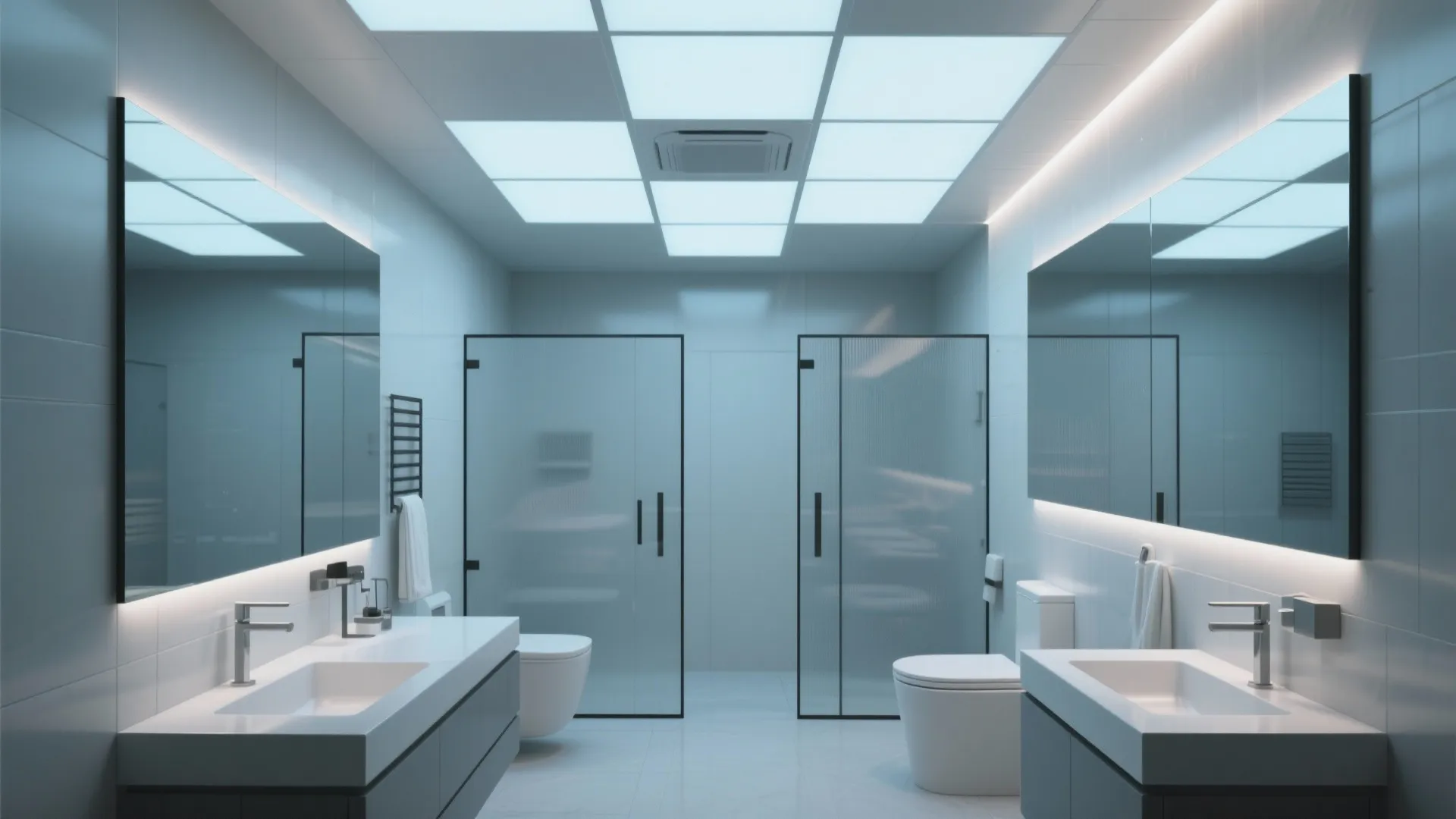Modern bathroom with square light panels on ceiling plus two white sinks with mirrors and toilets