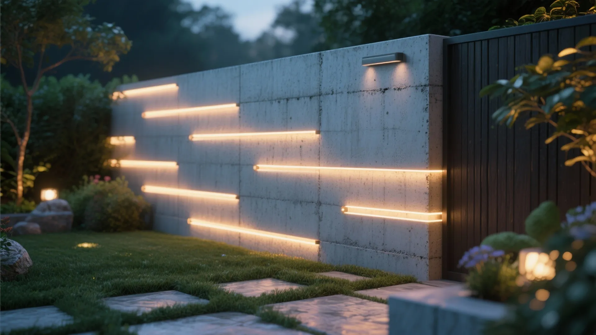 Modern concrete wall with horizontal light strips built into the surface in a backyard garden