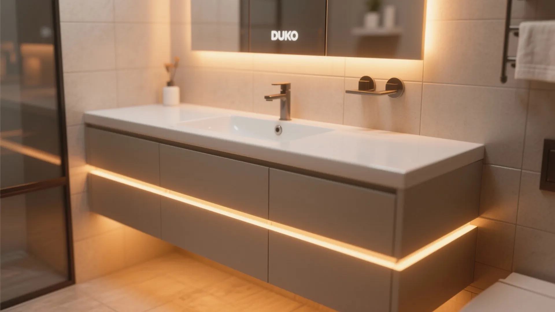 Bathroom cabinet with built in warm light fixture under the mirror and grey storage drawers