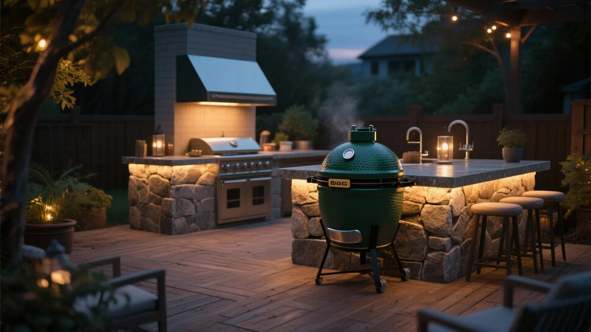 Outdoor kitchen Big Green Egg under warm LED lighting at night