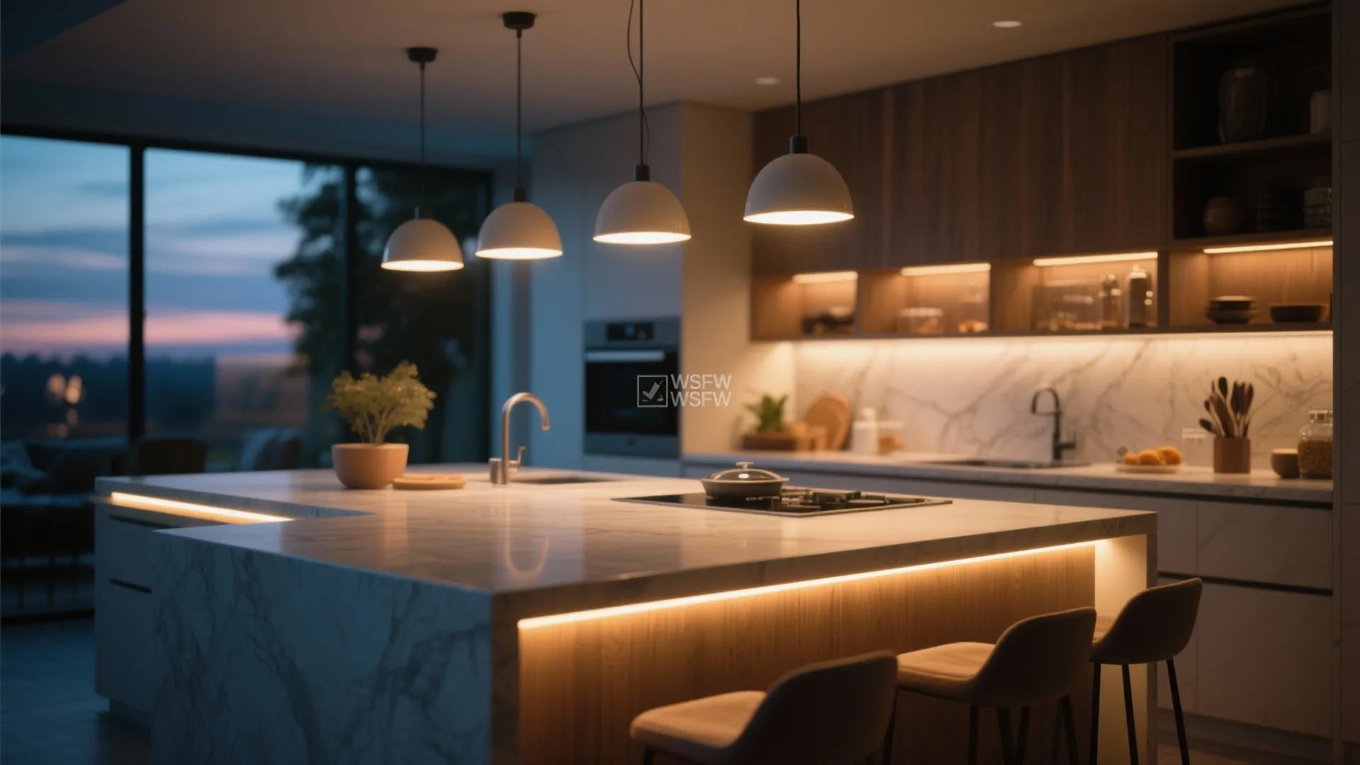 Kitchen island with LED strip and pendant lighting