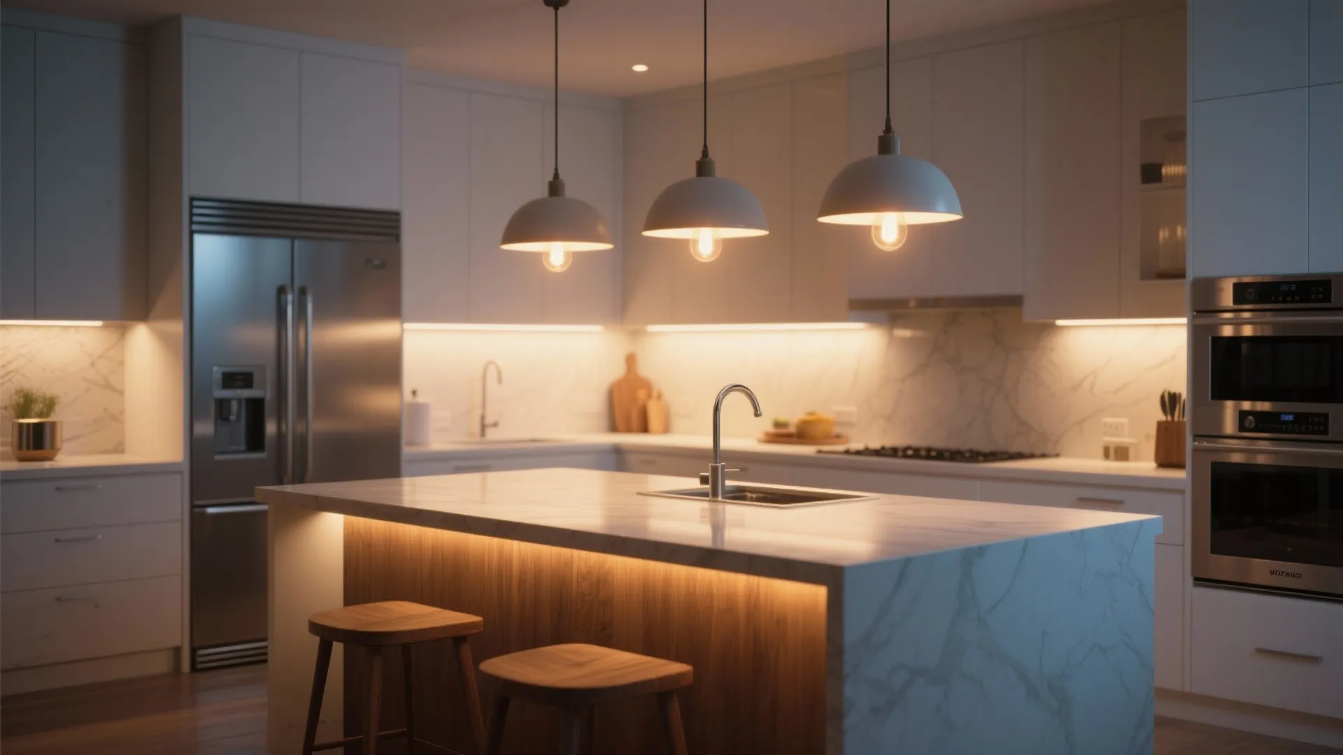Modern kitchen island with three warm hanging ceiling lights and white cabinets with hidden shelf lighting