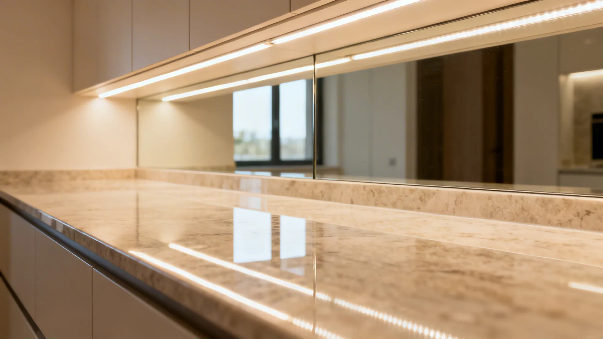 Under-cabinet LED lighting over a mirrored backsplash reflecting a bright kitchen workspace.
