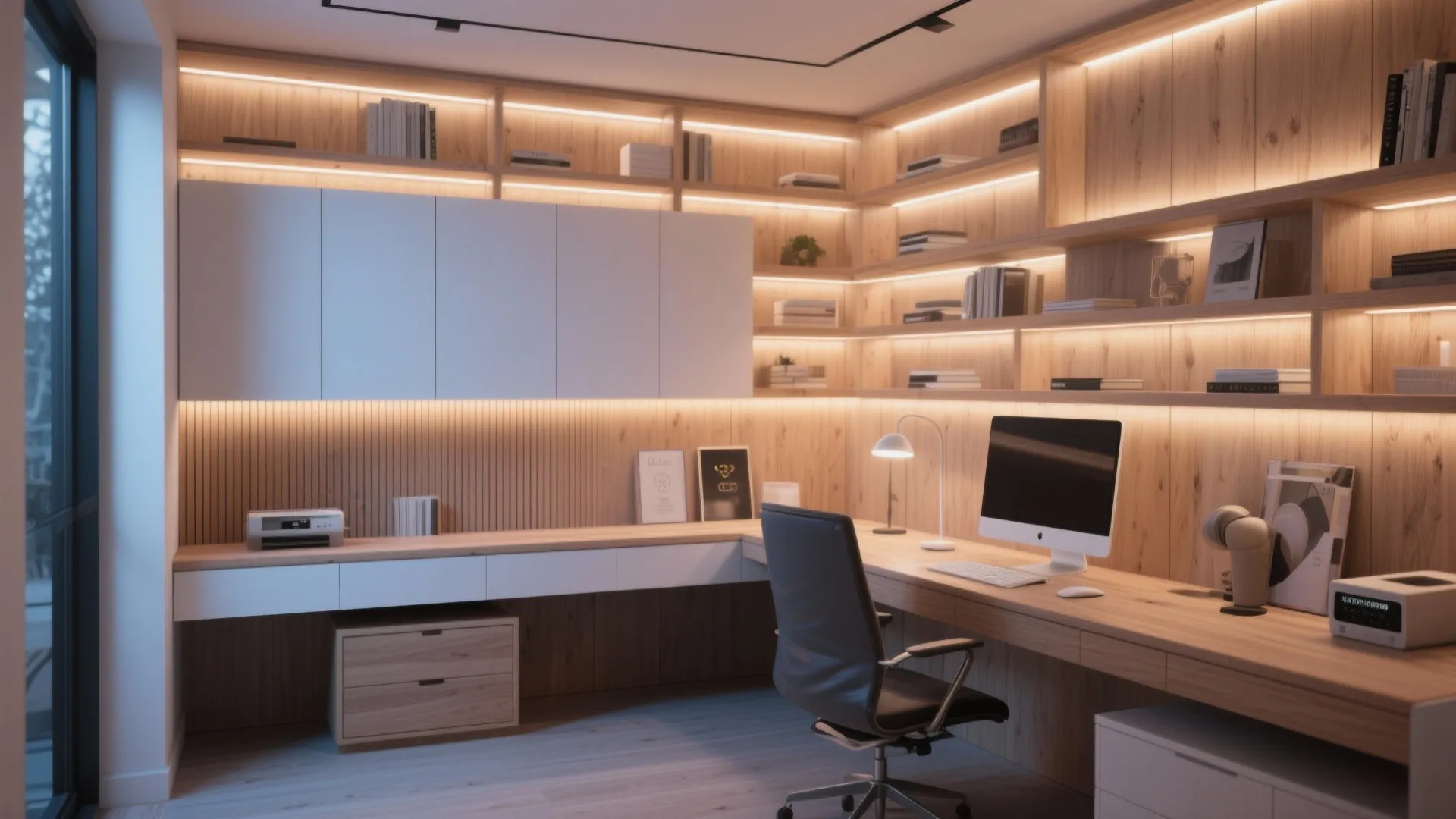 Modern home office with wooden desk corner shelves black chair computer and warm light fixture