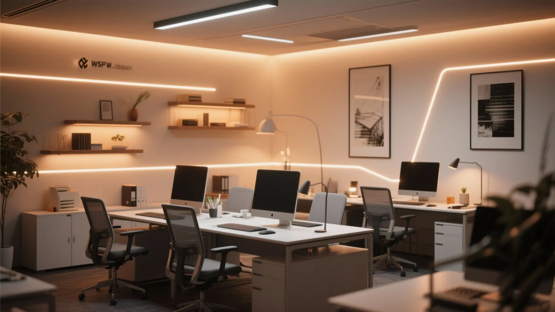 Modern office workspace with multiple desks white chairs warm light strips and large computer monitors