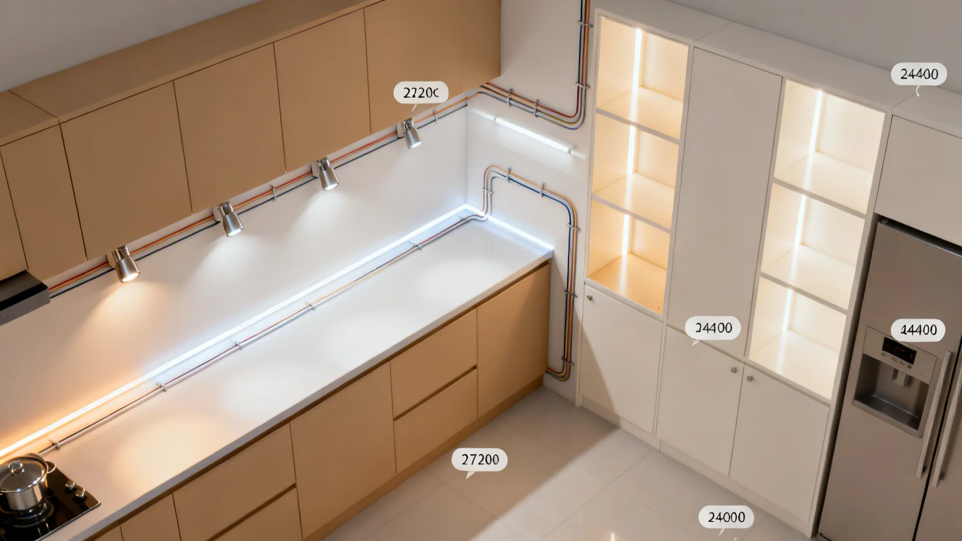 Top-down view showing under-cabinet and in-cabinet LED lighting zones in a compact kitchen.