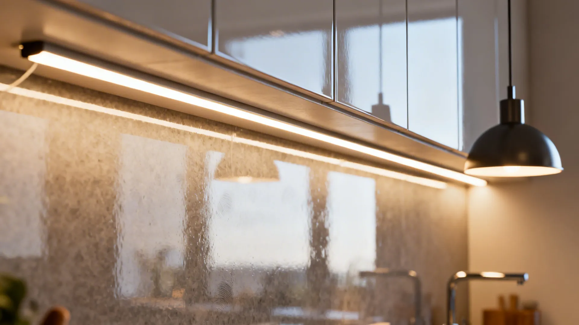 Under-cabinet LED lighting and a glossy reflective backsplash in a small kitchen.