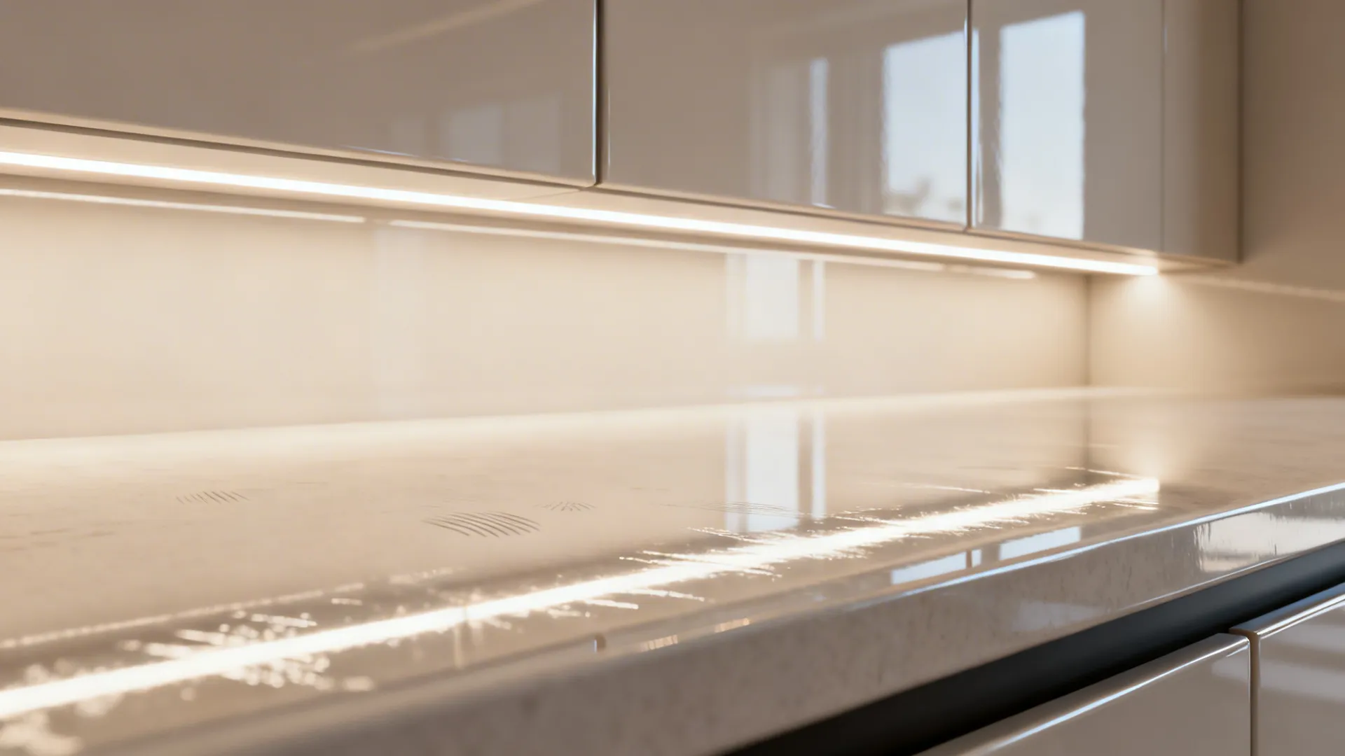 Under-cabinet LED lighting reflecting on a glossy countertop and cabinets in a small kitchen.