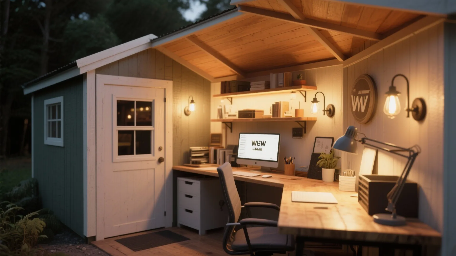 Cozy home office shed at night with wall lights computer desk cabinet and wooden ceiling