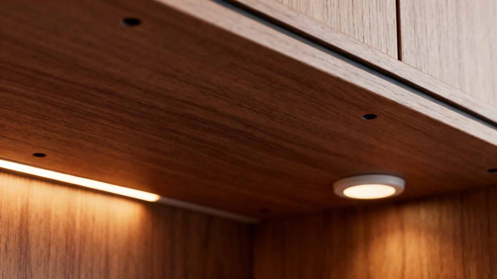 Close-up of adjustable shelf pin holes and integrated warm LED strip lighting behind a shelf edge.