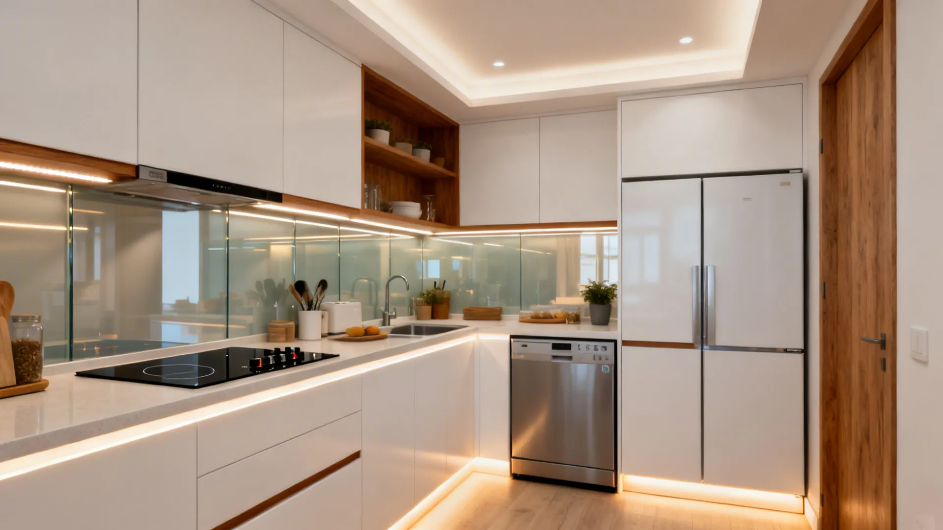 Compact kitchen with layered LED lighting and slim 24-inch appliances creating depth and openness.