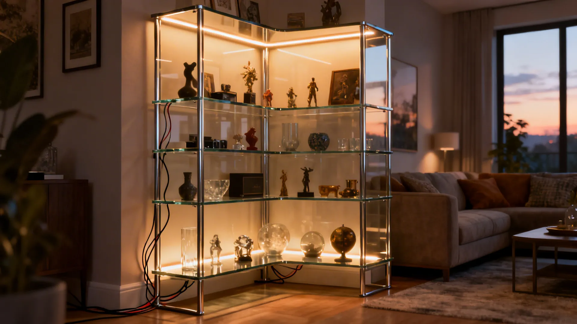 Glass corner unit with integrated warm LED lighting showcasing collectibles on illuminated shelves.