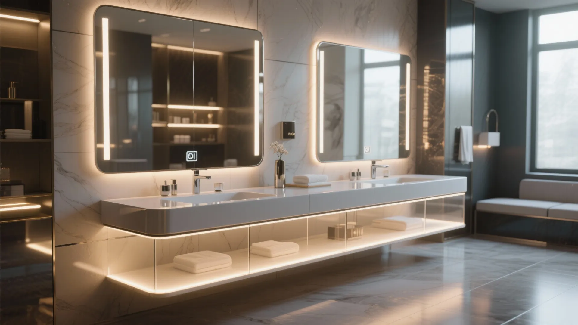 Modern bathroom with white marble walls two glowing mirrors and a long white floating cabinet