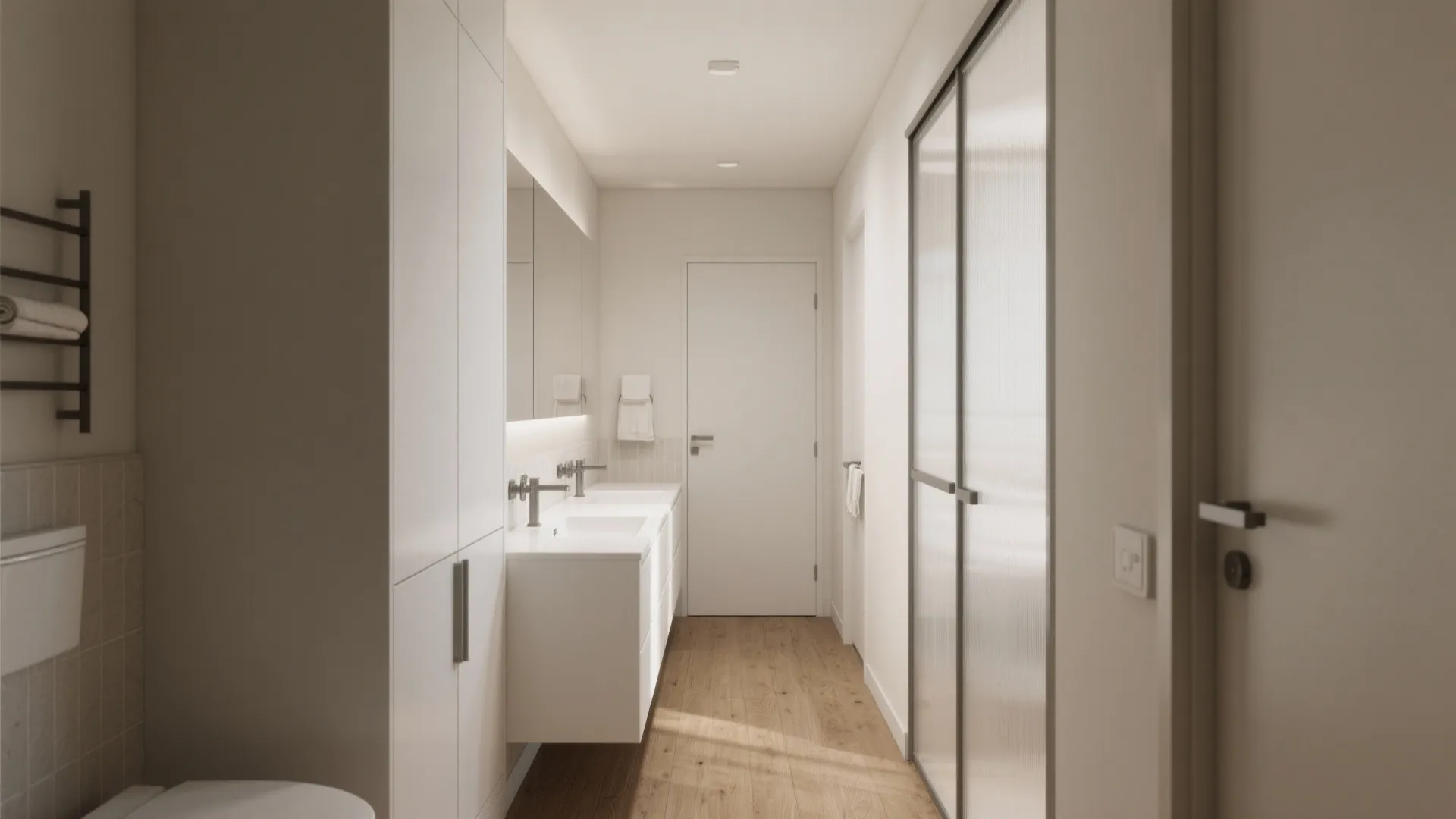 3. Integrated linen cabinet at one end