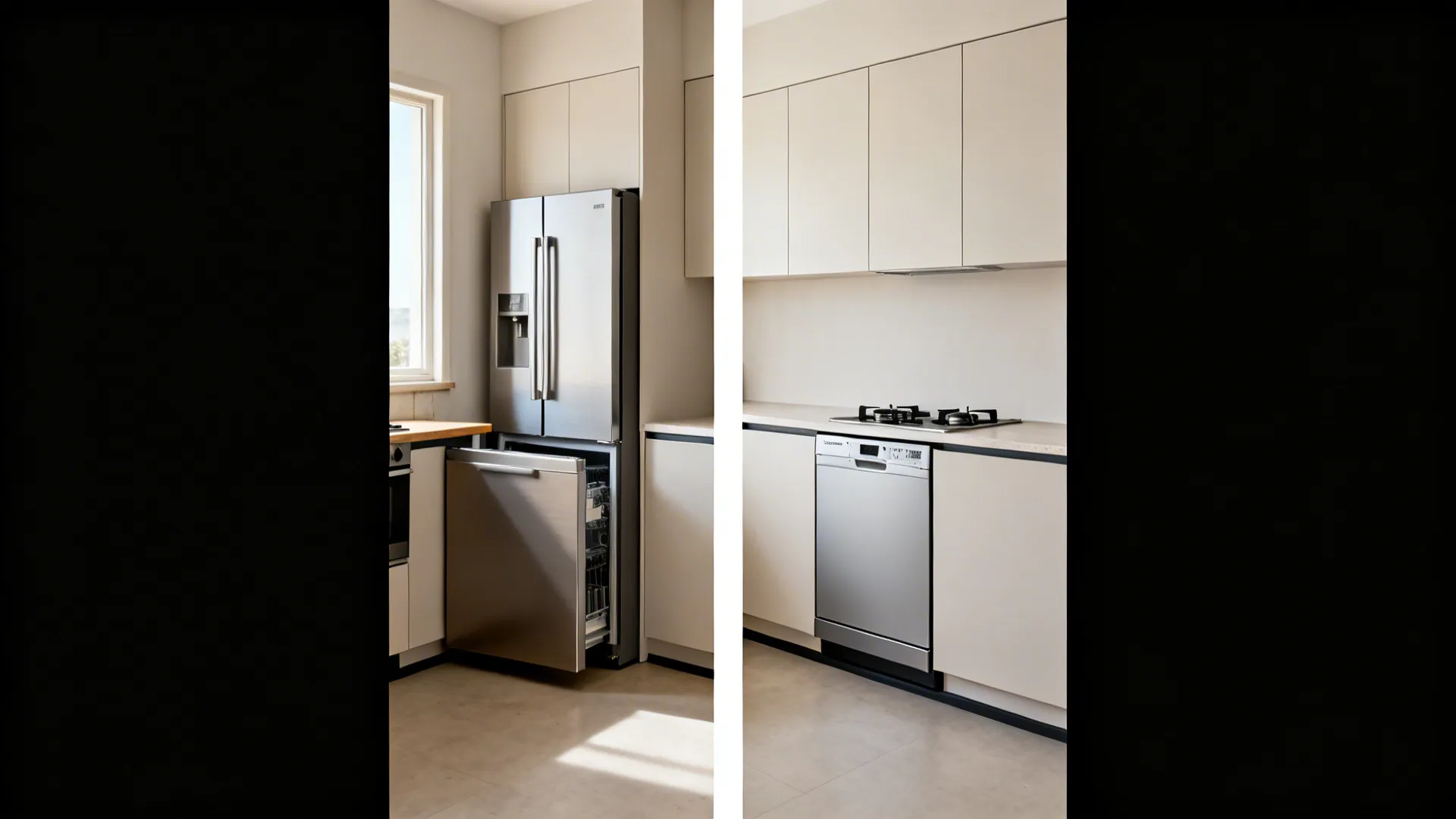 Before-and-after showing bulky appliances replaced with counter-depth, panel-ready models.