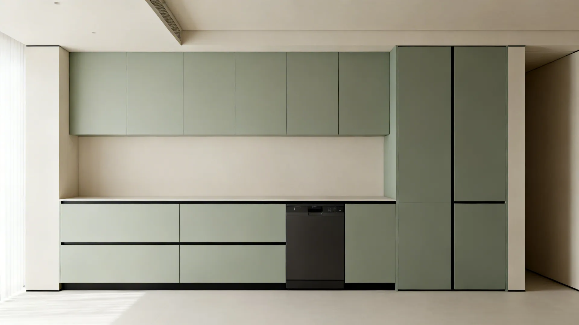 Handleless kitchen wall with aligned cabinet lines and panel-ready integrated fridge and dishwasher.