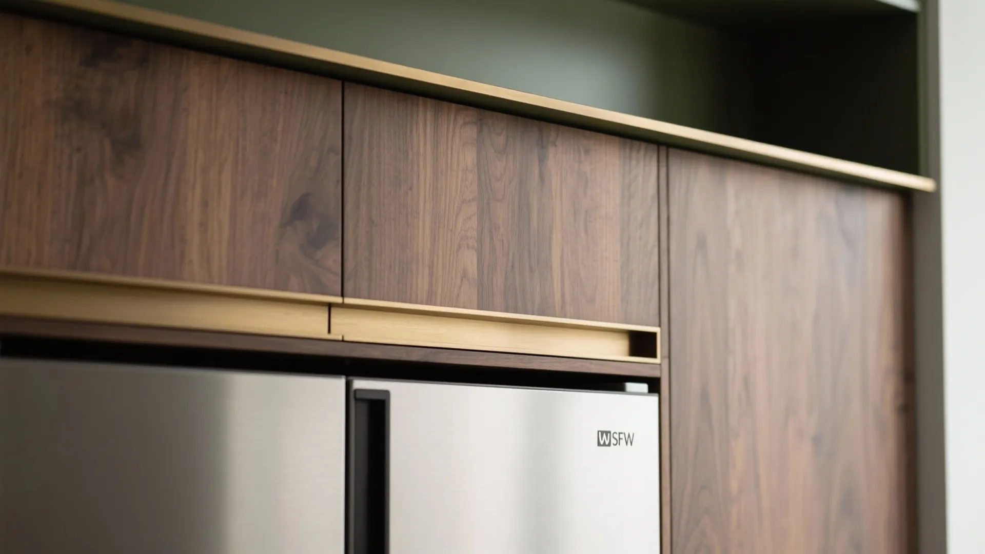 Close up of dark wood kitchen cabinet with gold handles above a stainless steel refrigerator