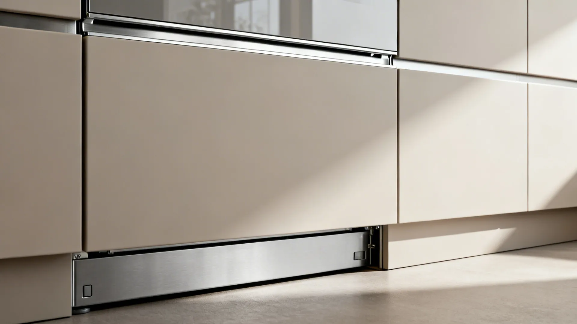 Macro of a panel-ready dishwasher with aligned cabinet panel and subtle handle channel.