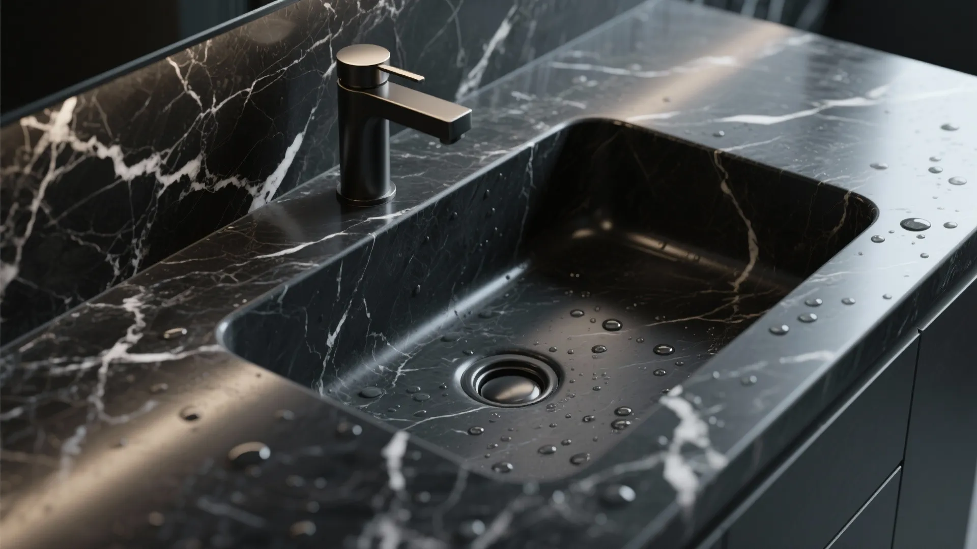2. Integrated black marble basin and backsplash