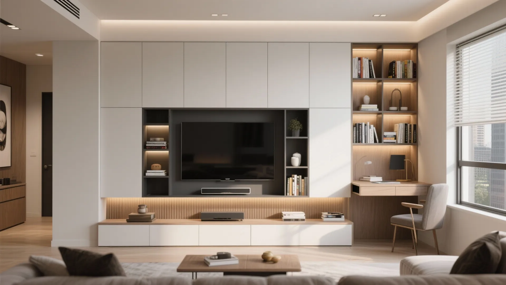 Custom wall unit with integrated desk and media storage