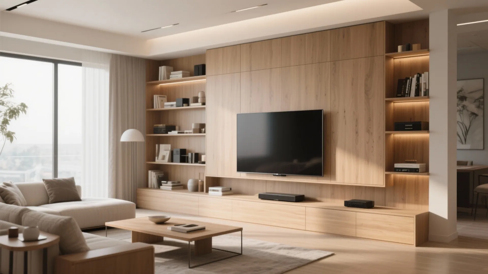 Interior design with large wooden wall cabinet housing a television and multiple open display shelves