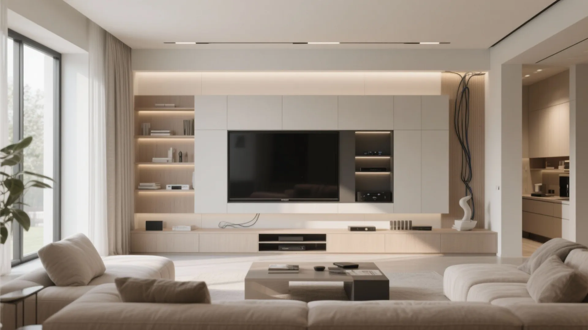 Modern living room with integrated television wall featuring wooden shelves and soft warm light fixtures