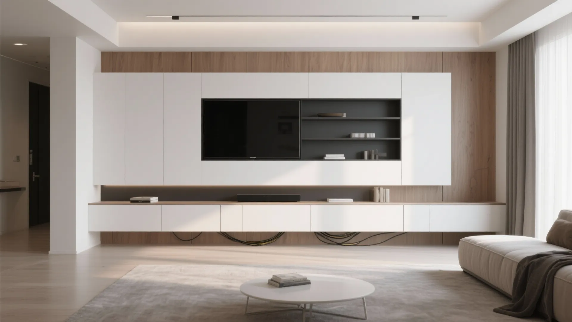 Modern white and wood media wall with television black shelves low cabinet and round table