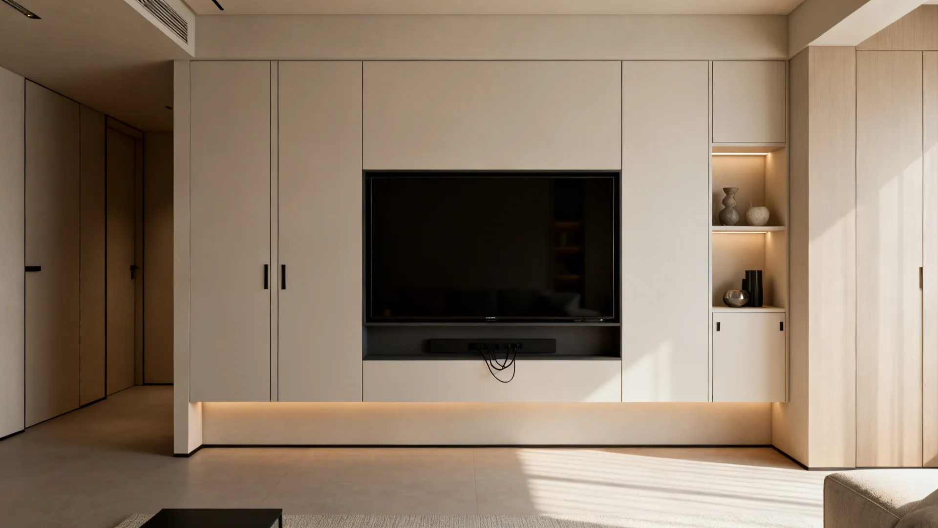 Minimalist cream colored media wall with built-in television storage cabinet and warm under-shelf led lighting