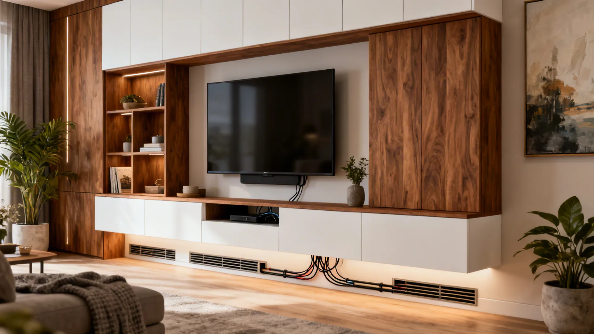 Modern media wall with large television, integrated wood cabinets, white storage units, and indoor plants