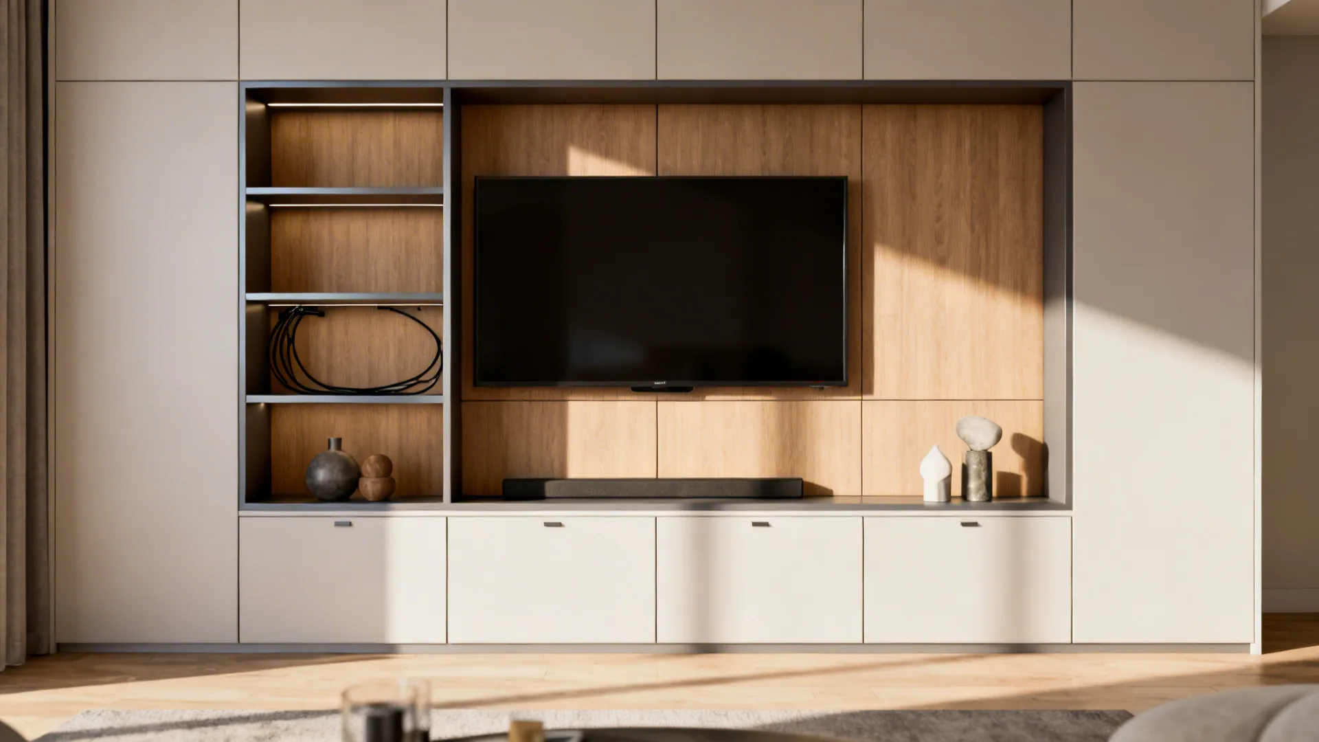Integrated media wall with recessed shelving and clean cabinetry in a compact living room.