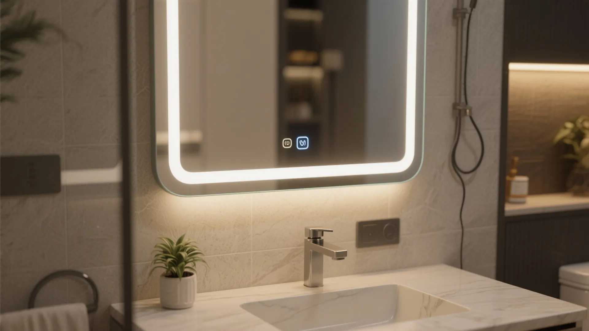 Bathroom vanity with marble countertop white sink faucet and illuminated mirror with smart touch buttons