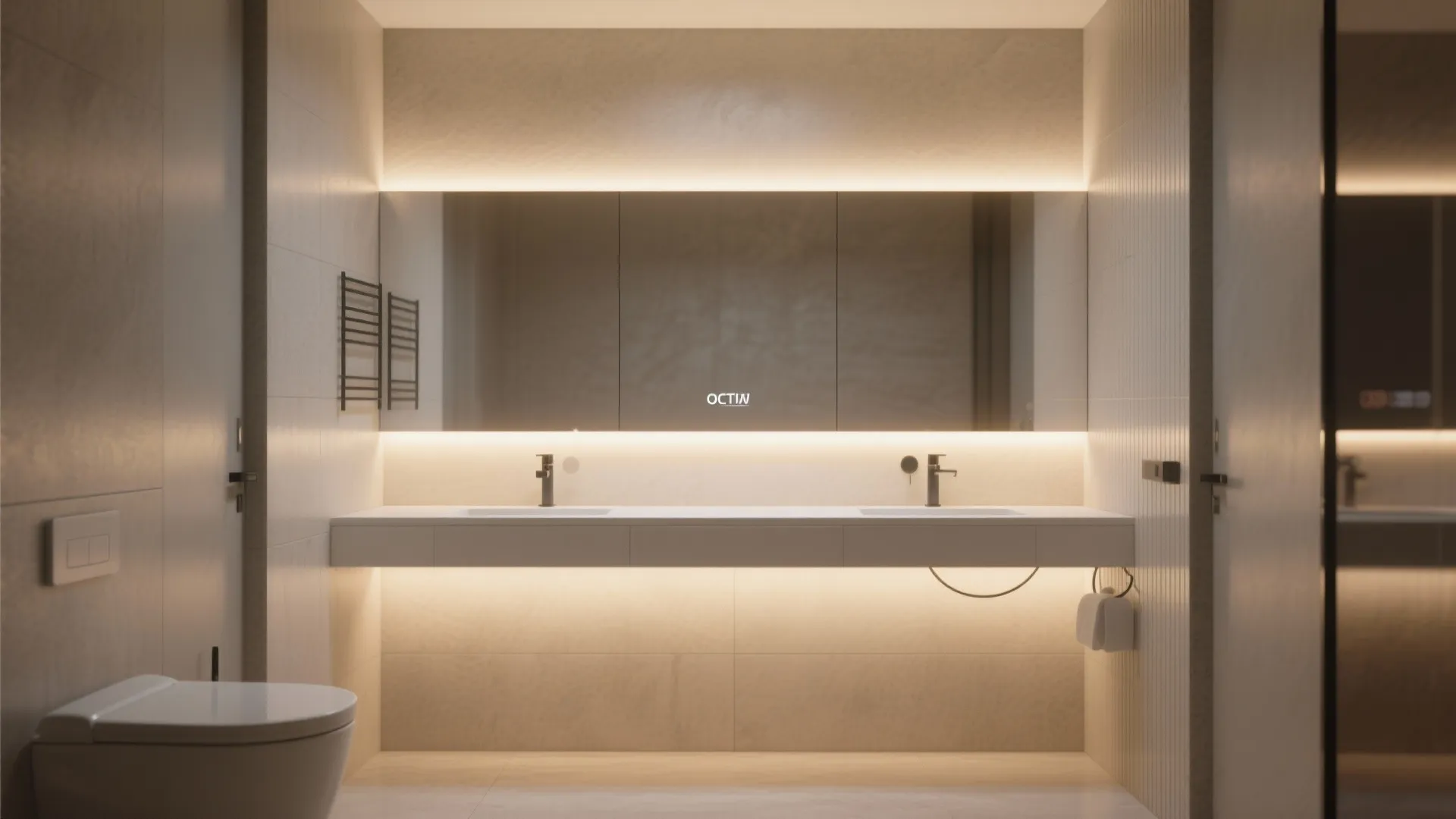 Minimal bathroom with an integrated backlit mirror and floating vanity for a clean look.