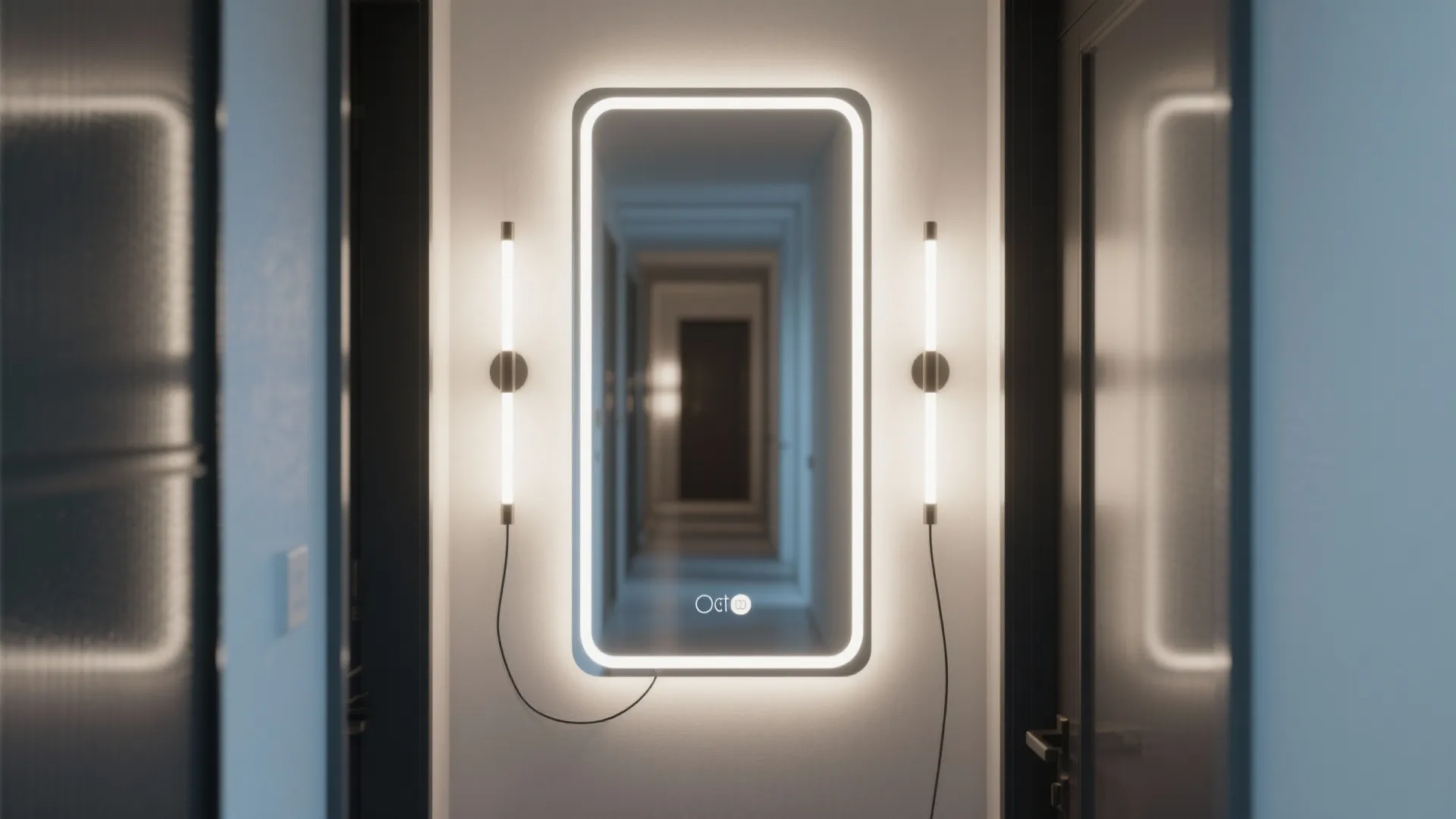 Rectangular wall mirror with built-in glowing light strip and two vertical wall light fixtures beside