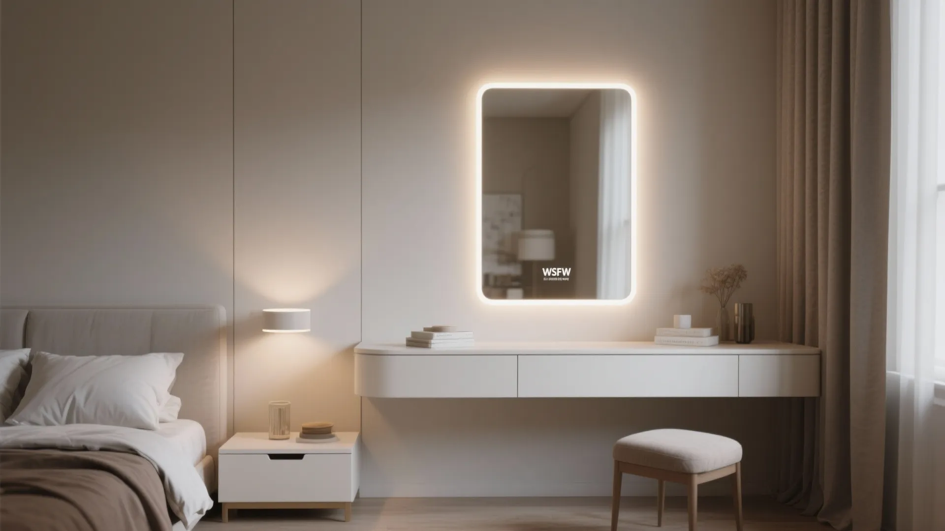 Backlit mirror above a slim console creating flattering, dimmable bedroom lighting.