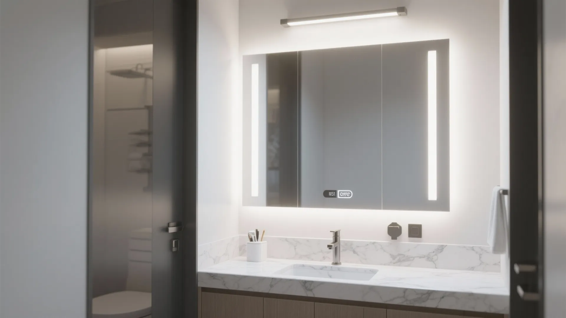 Modern bathroom with marble sink and large glowing mirror featuring integrated light for daily use