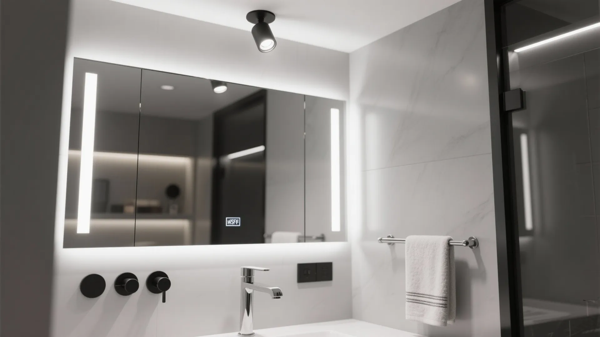 5. Integrated mirror lights + ceiling spotlight + towel rail light