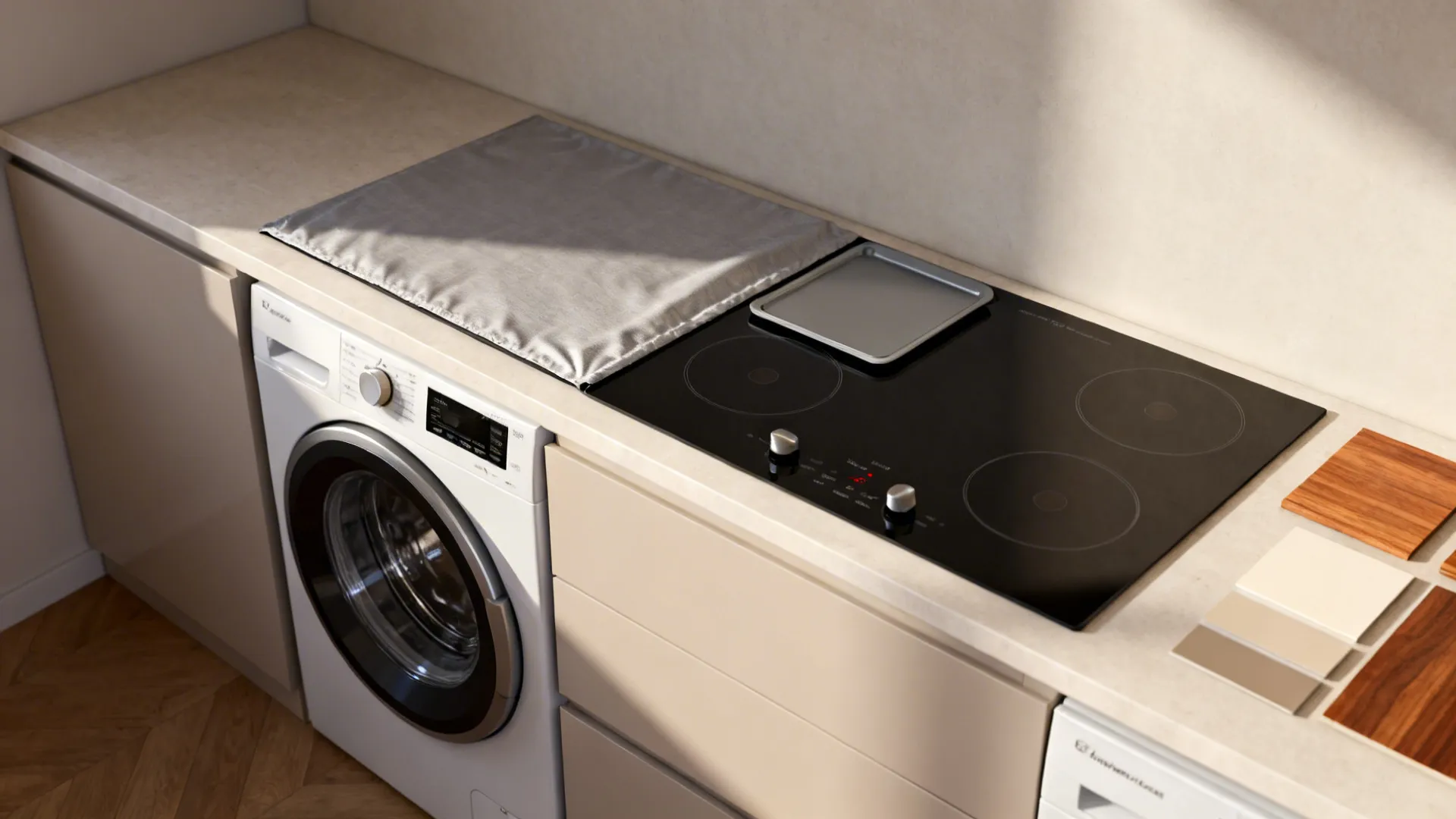Integrated appliances and multi-use countertops with removable cooktop cover and under-counter washer-dryer.
