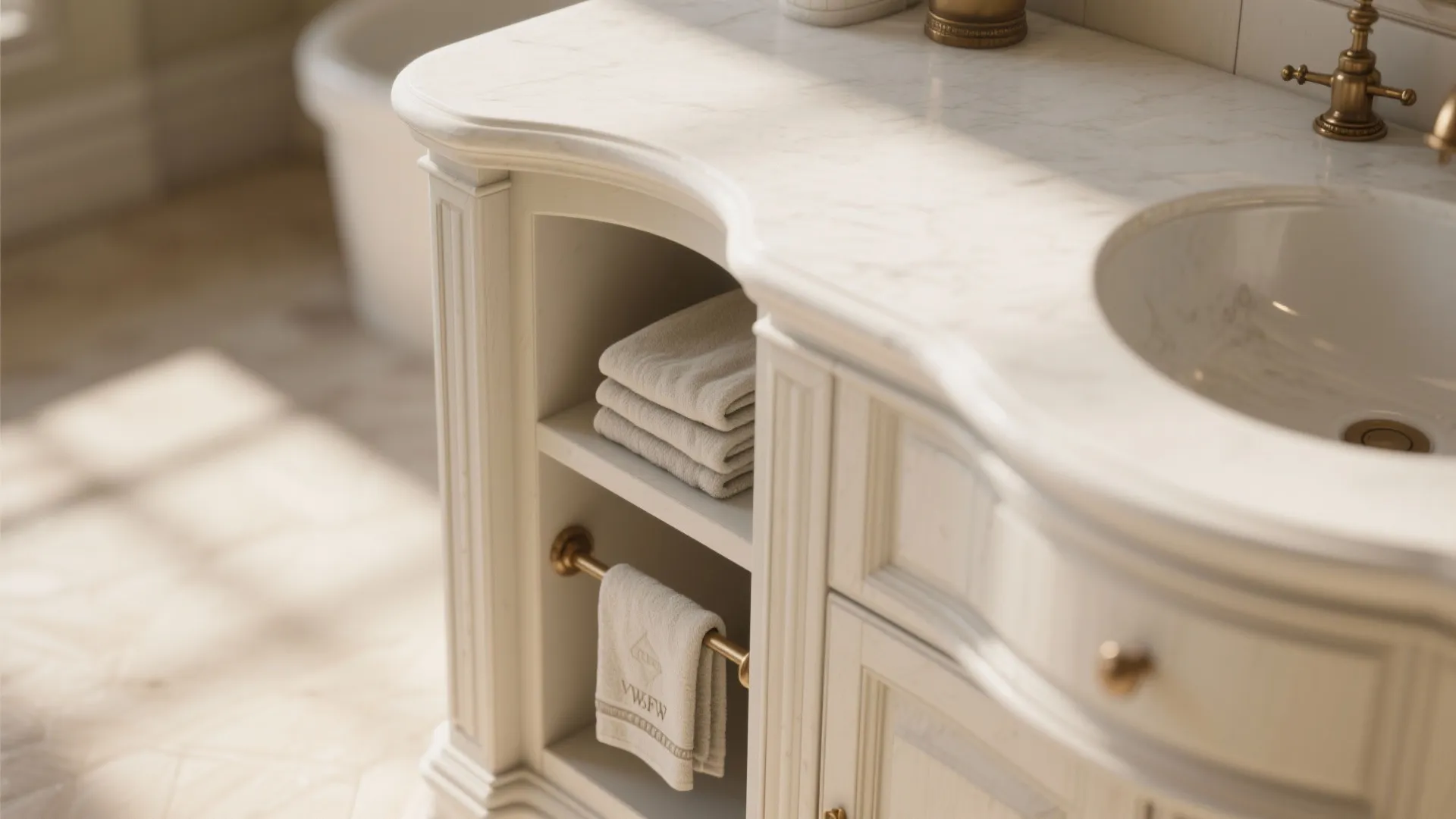 5. Antique white cabinet with integrated open niche or towel rail