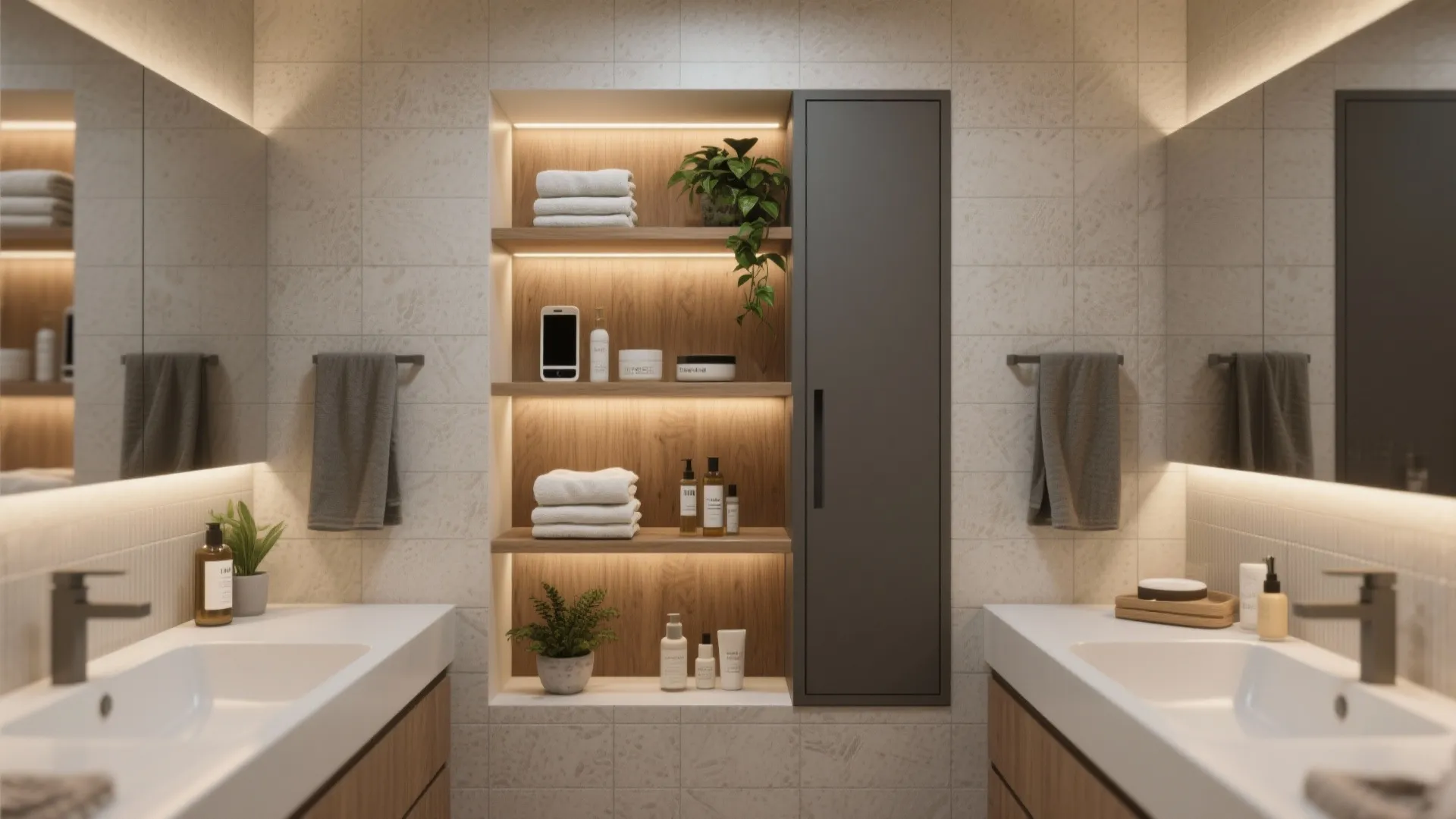 5. Integrated shelving and niches between vanities