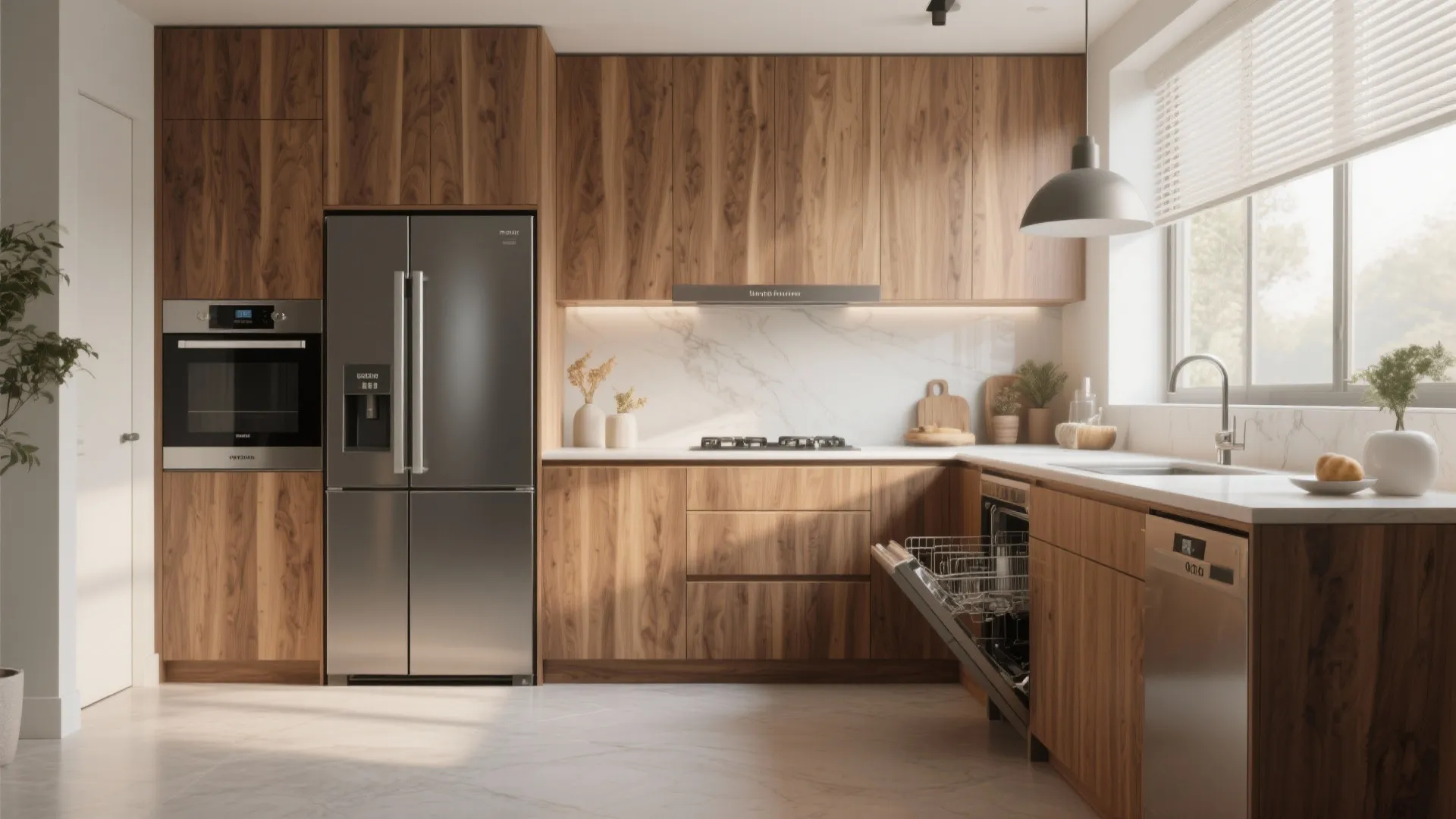 Modern wood kitchen featuring integrated silver refrigerator open dishwasher marble countertop and a large ceiling light