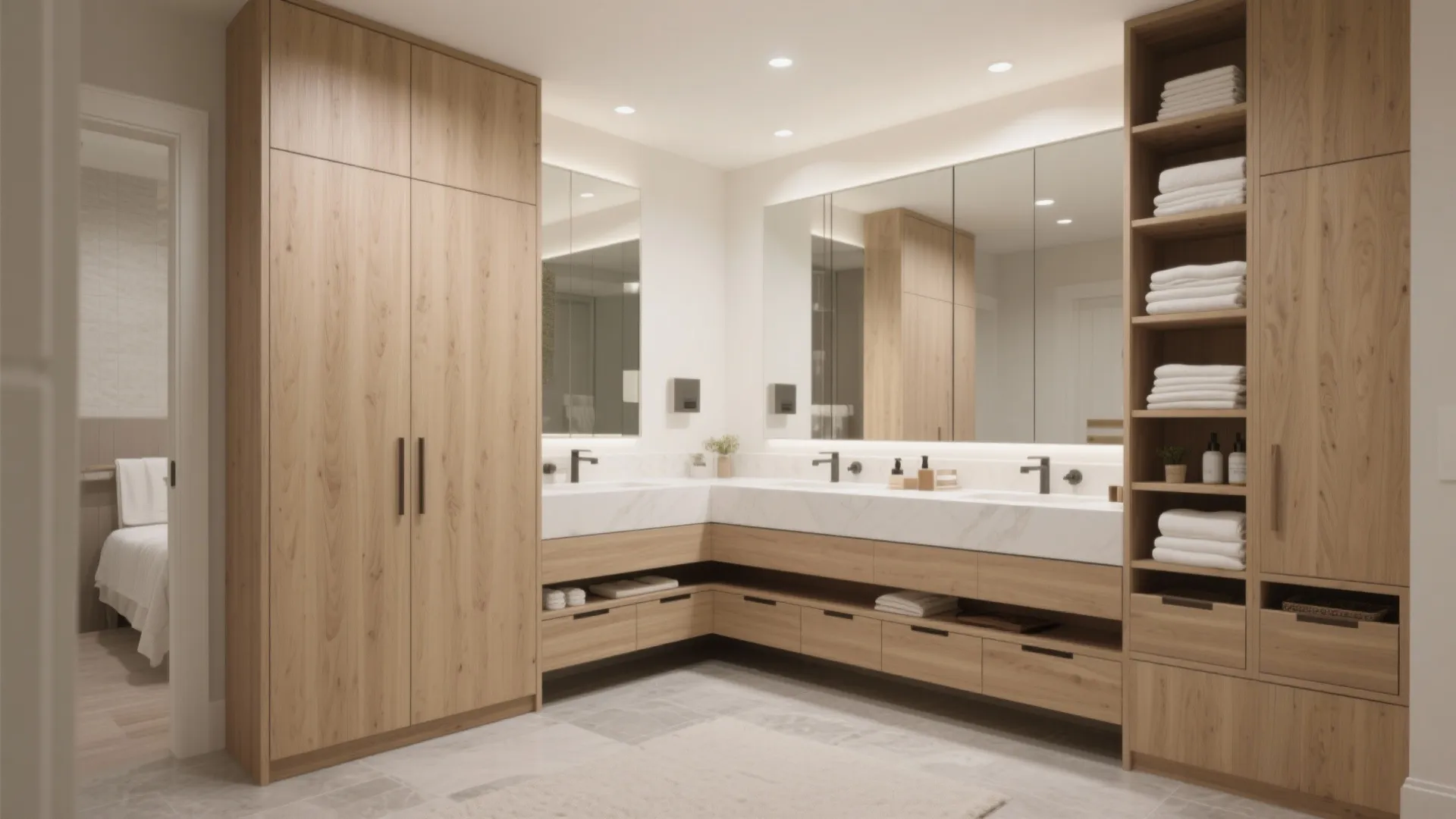 4. Integrated vanity and linen cabinet in white oak