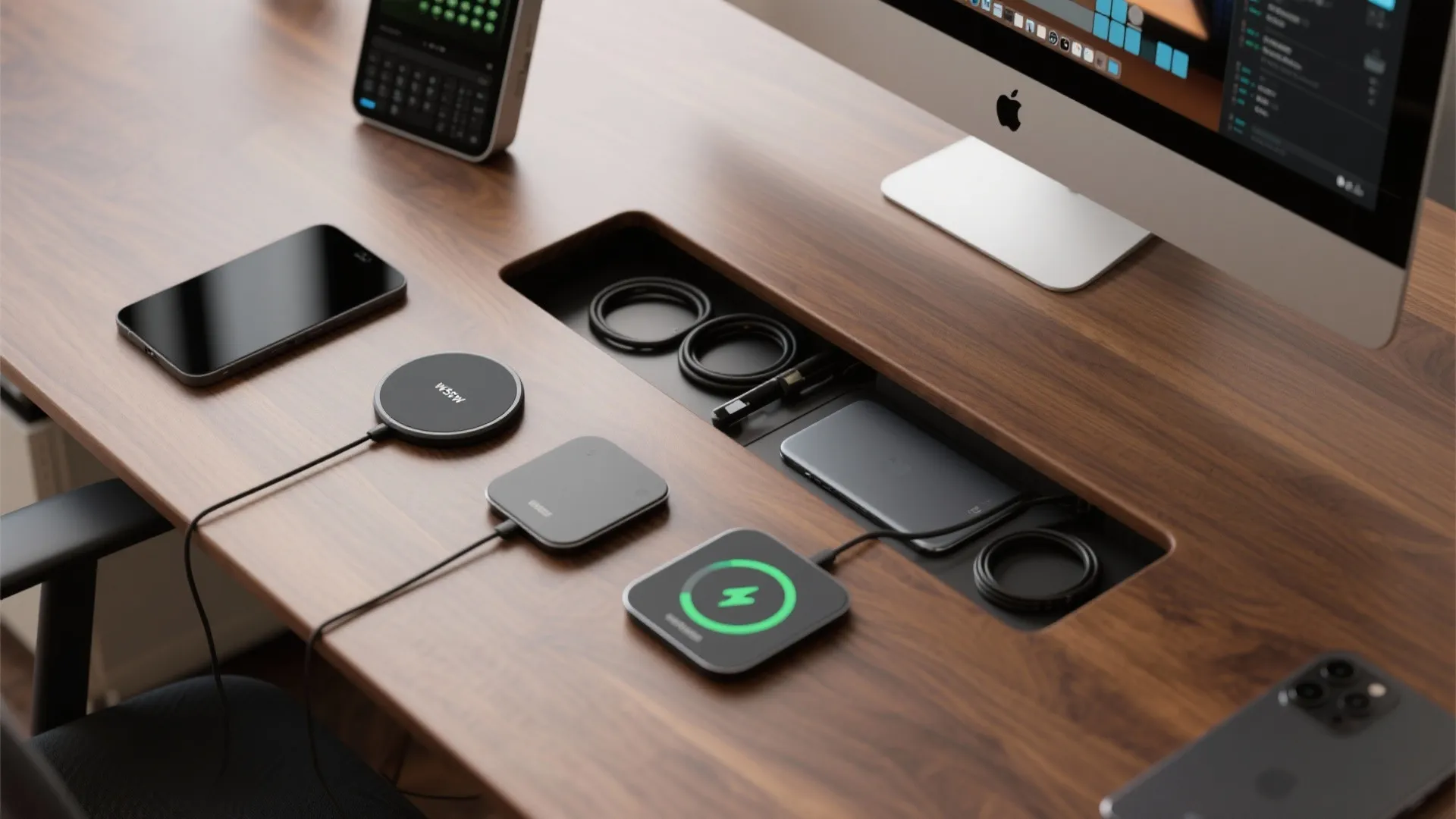 Wooden office desk with integrated wireless chargers for phones and smart devices next to computer monitor
