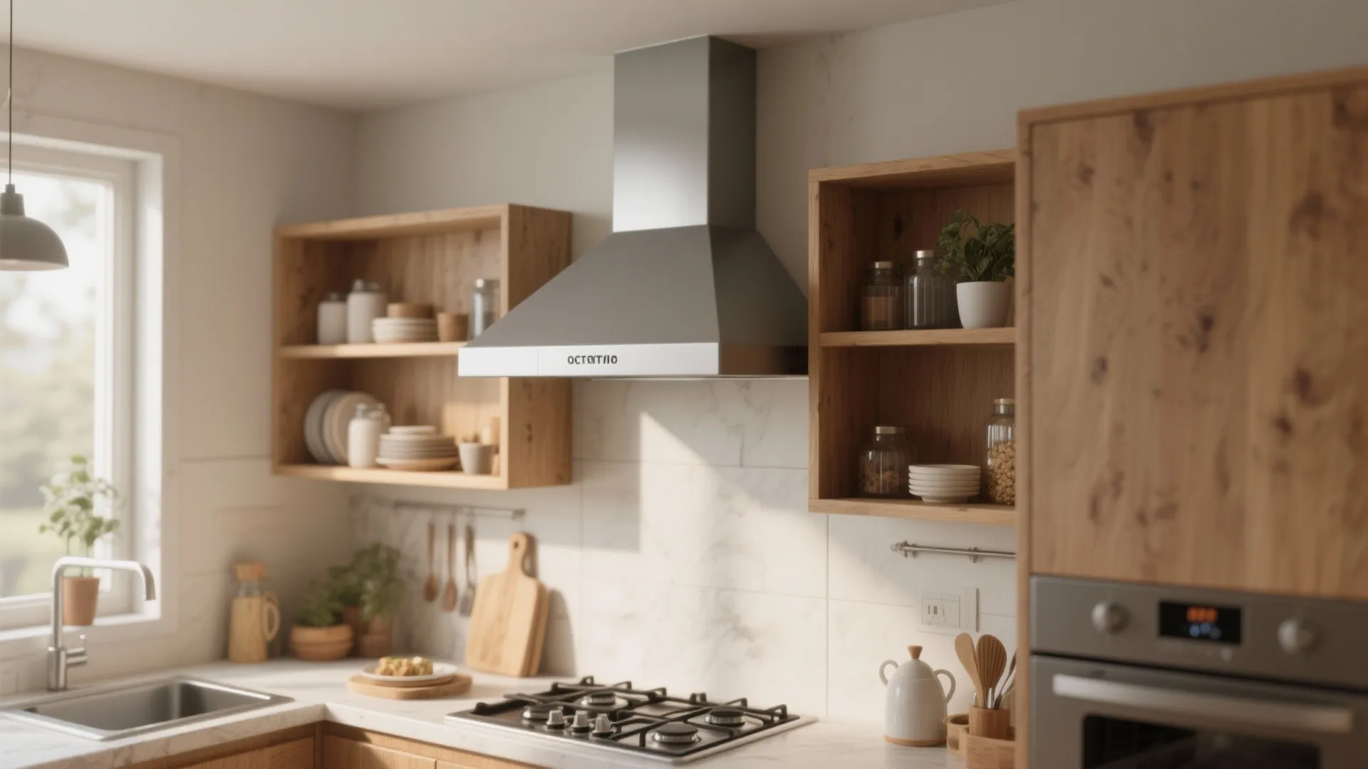 Modern bright kitchen with stainless steel stove hood wooden open shelves and white marble tile backsplash