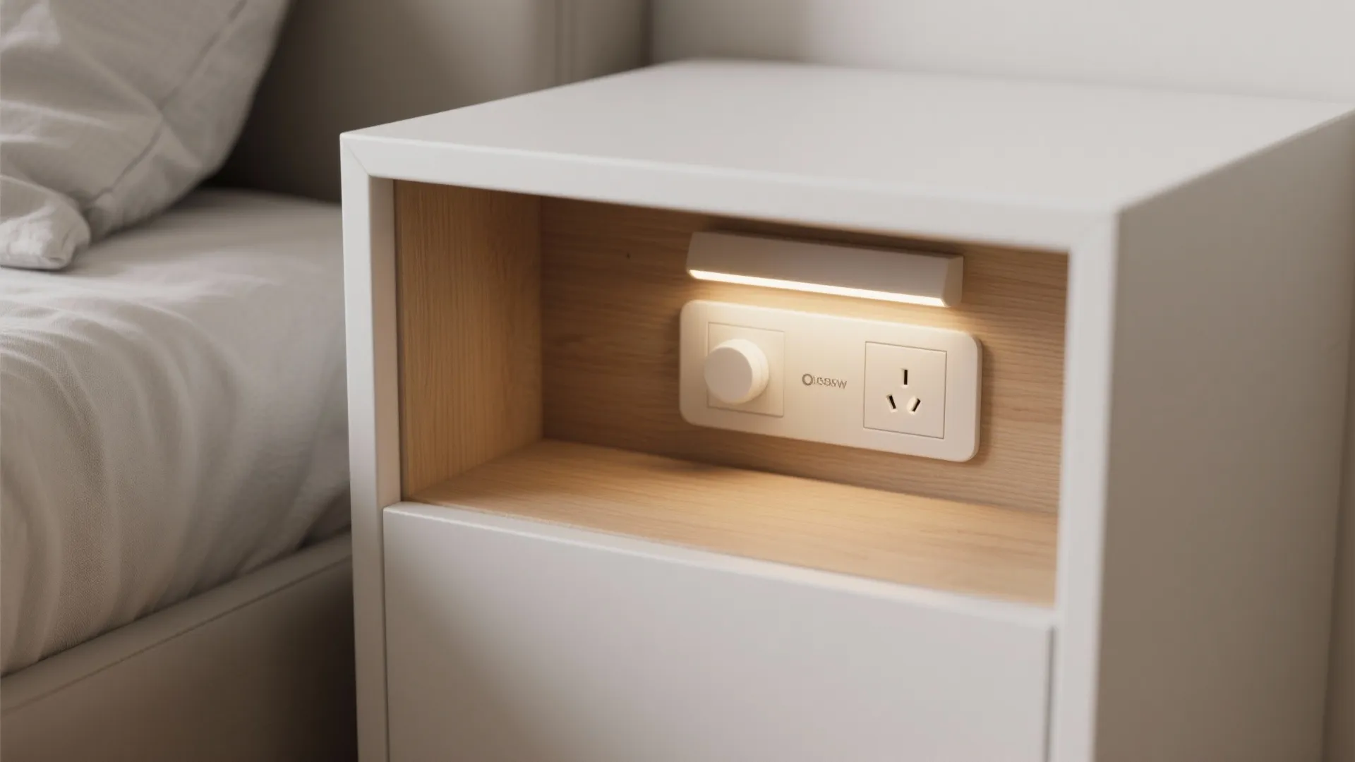 Integrated outlet and reading light inside a white wood bedside unit with neat joinery.