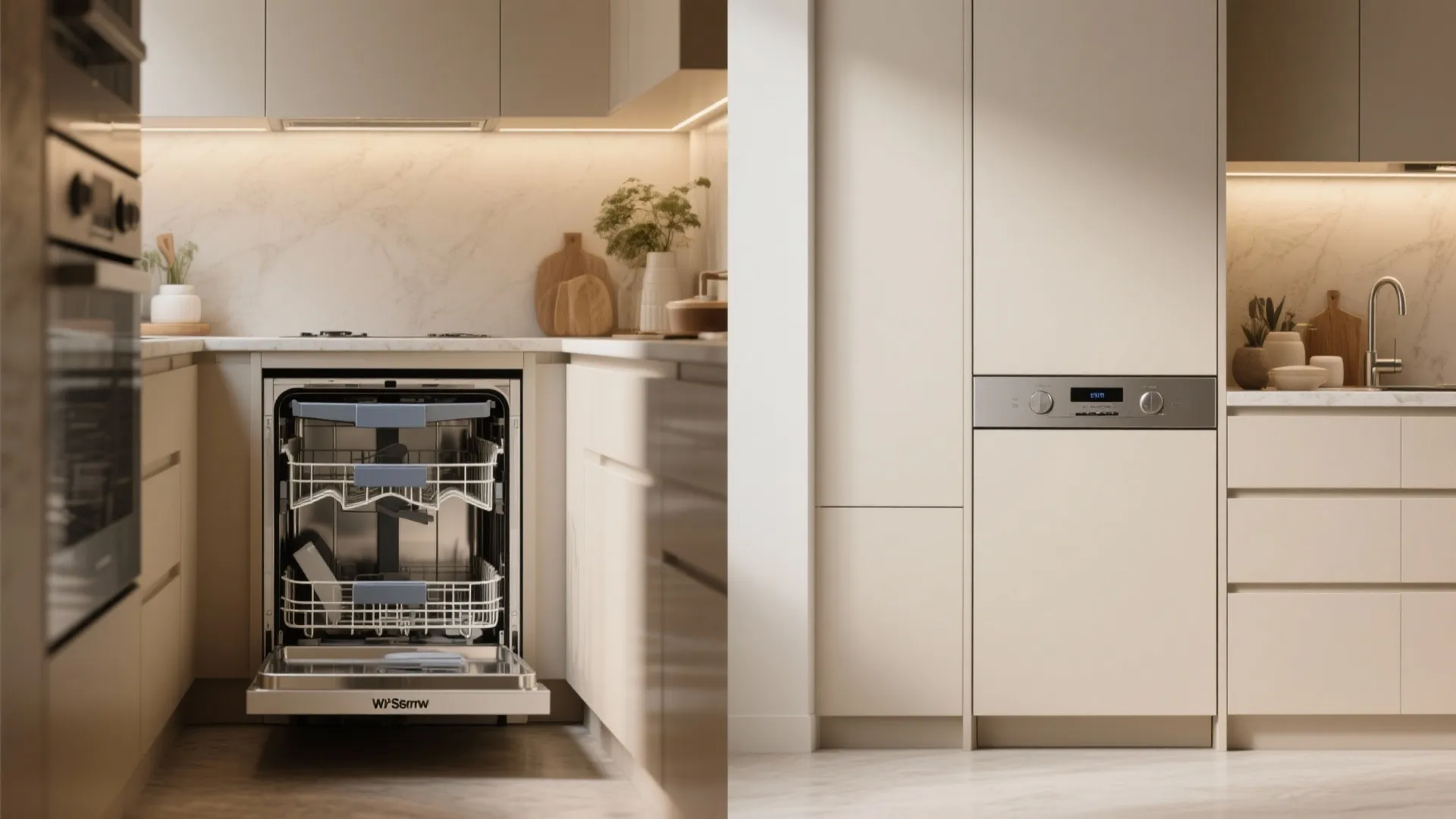 Modern kitchen with open dishwasher built into cream cabinets featuring marble countertop and natural light